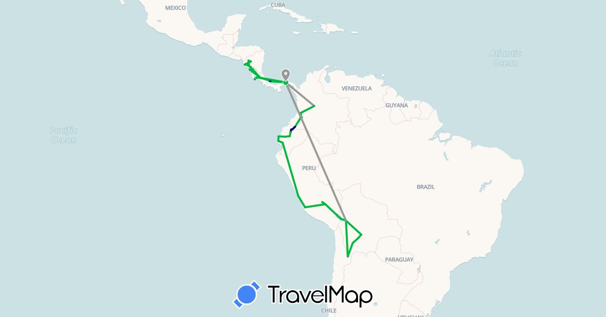 TravelMap itinerary: driving, bus, plane, boat in Bolivia, Colombia, Costa Rica, Ecuador, Nicaragua, Panama, Peru (North America, South America)